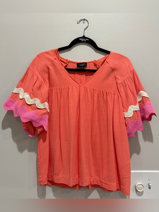 Gigio Tops - G&G Coral V-Neck Ruffle Sleeve Blouse
